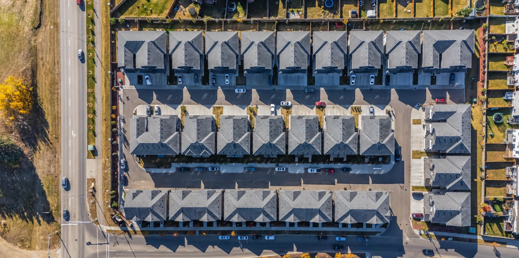 Overhead view of The Palms at Laurel, a 65-unit community of duplexes and townhouses in Edmonton