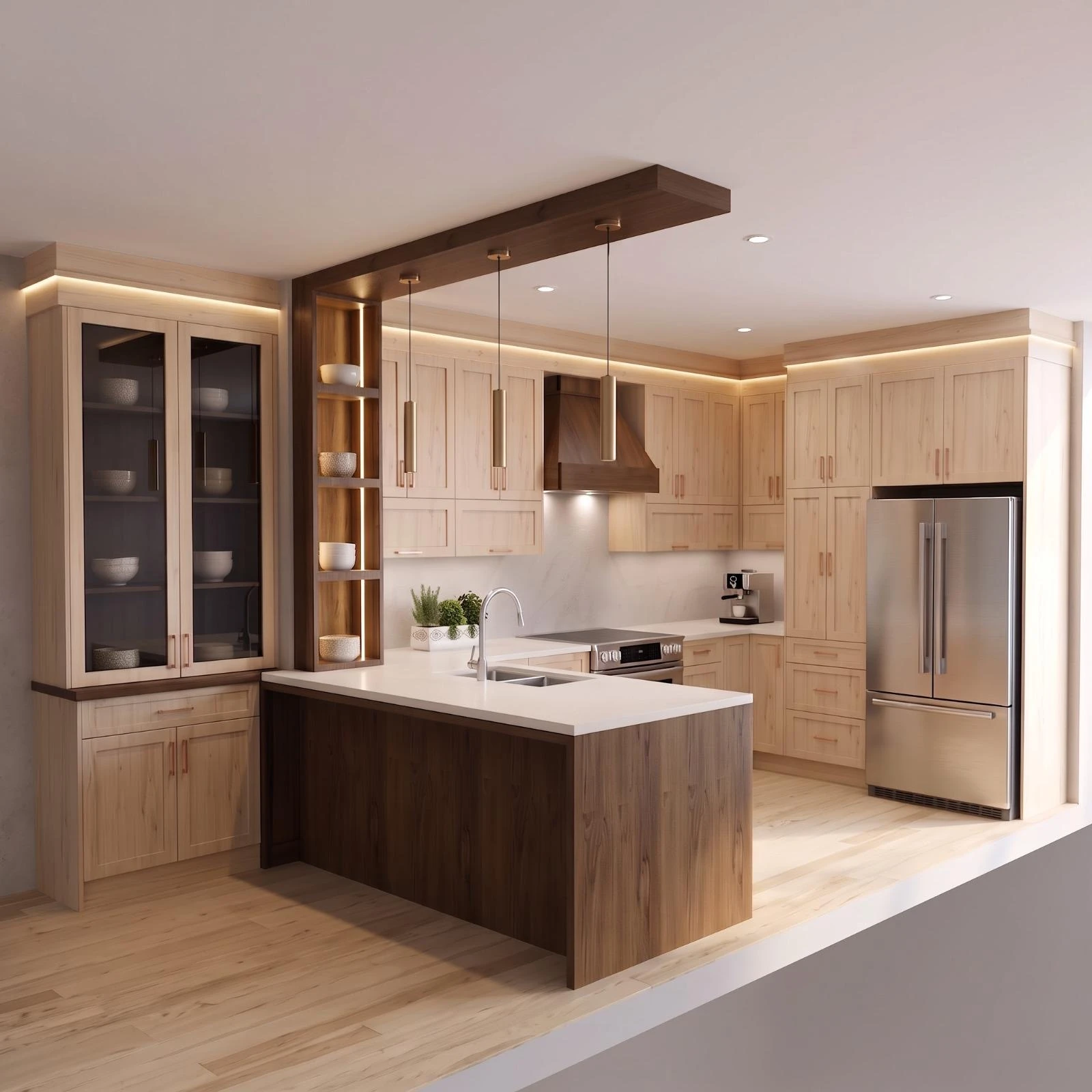Kitchen design rendering with light wood cabinetry, dark wood accents and white countertops for the Lendrum Place infill
