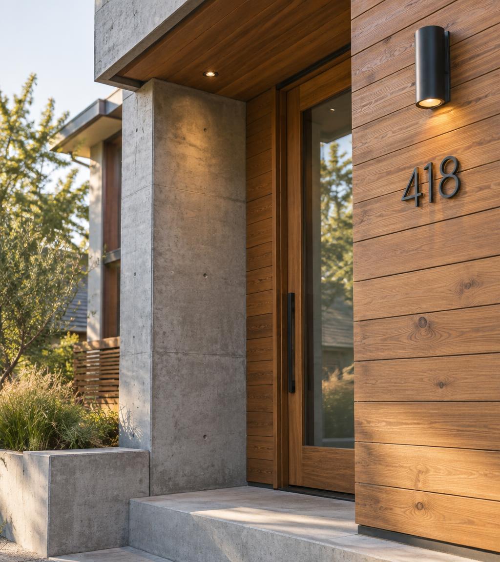 Close-up of timber and concrete craftsmanship on a modern home