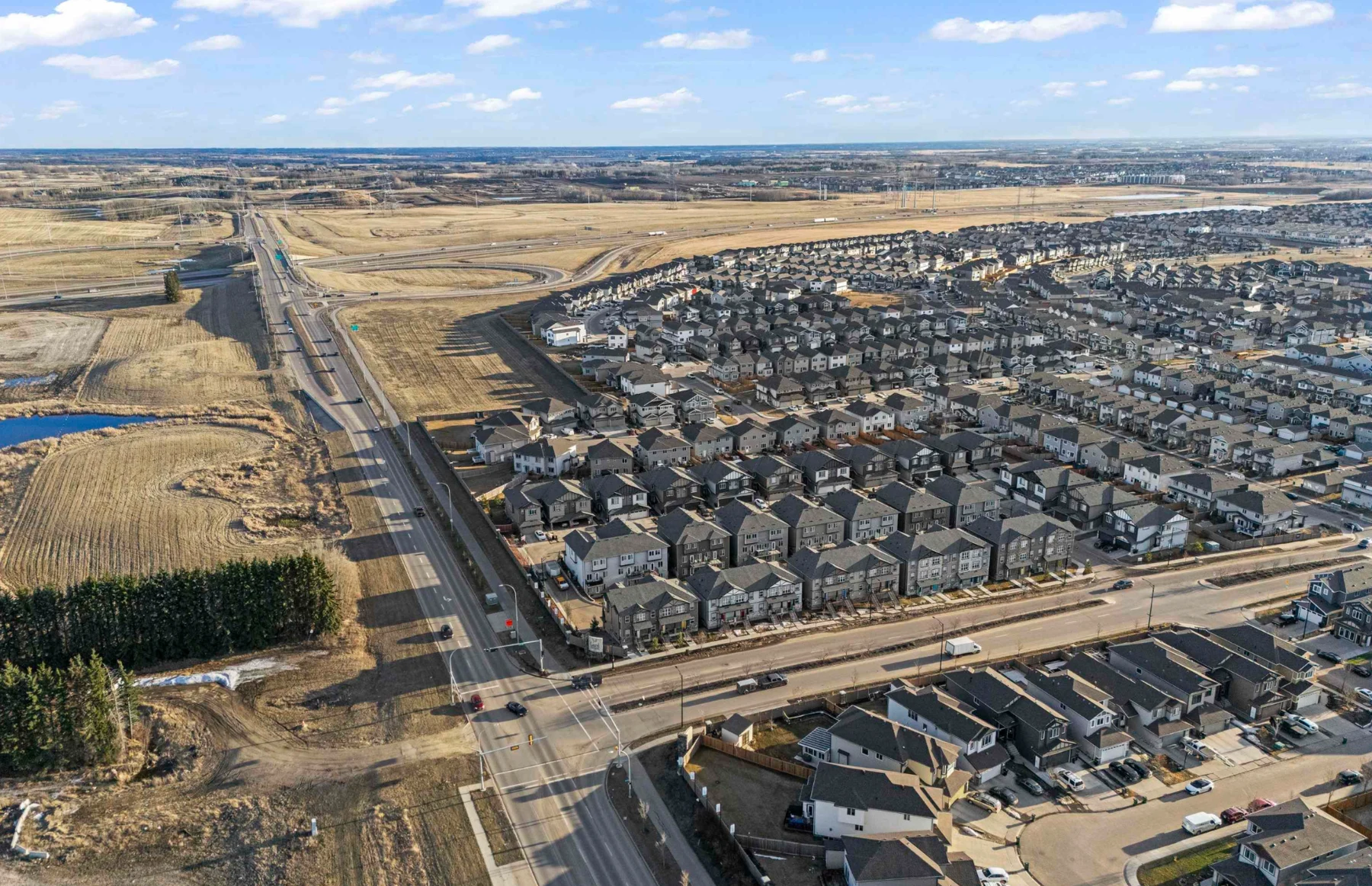 Aerial view of The Palms at Laurel and the surrounding Edmonton neighbourhood