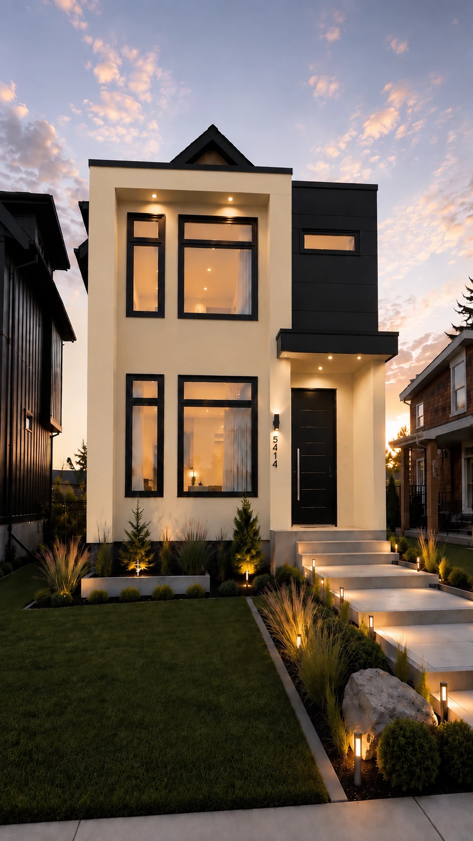 Exterior design visualization for the Lendrum Place infill, showing cream stucco and black accents